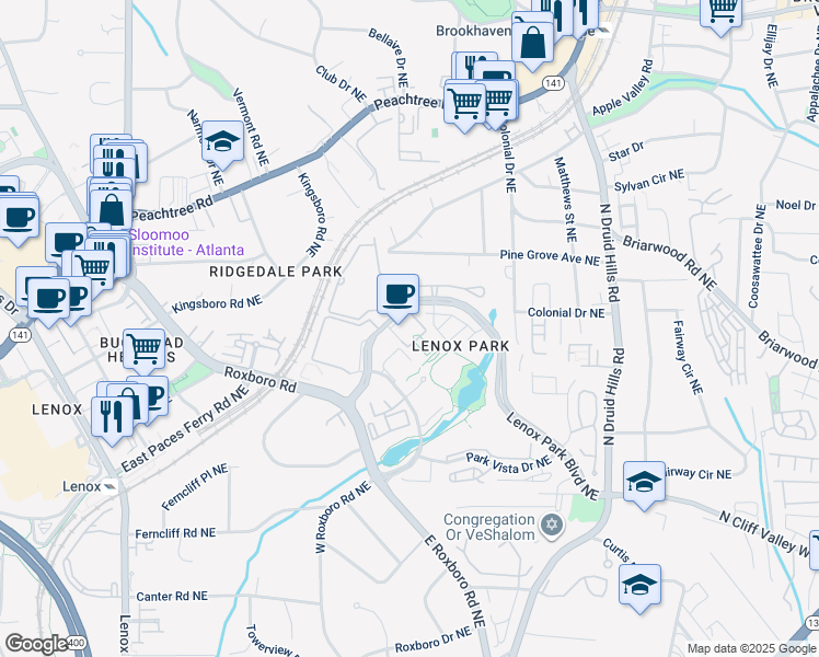 map of restaurants, bars, coffee shops, grocery stores, and more near 1025 Lenox Park Boulevard Northeast in Atlanta