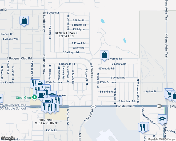 map of restaurants, bars, coffee shops, grocery stores, and more near 2306 Acacia Road East in Palm Springs