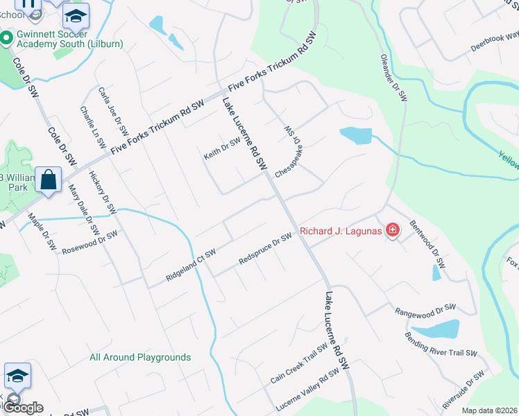 map of restaurants, bars, coffee shops, grocery stores, and more near 4532 Ridgeland Drive Southwest in Lilburn