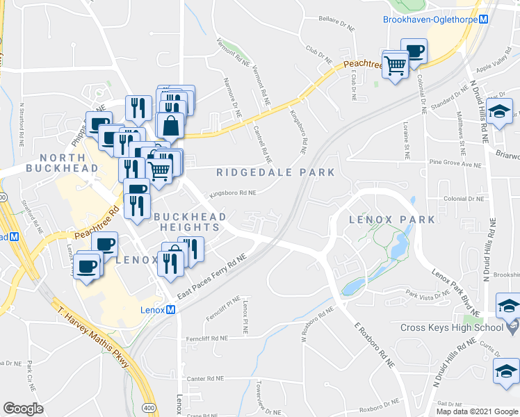 map of restaurants, bars, coffee shops, grocery stores, and more near 1047 East Paces Court in Atlanta
