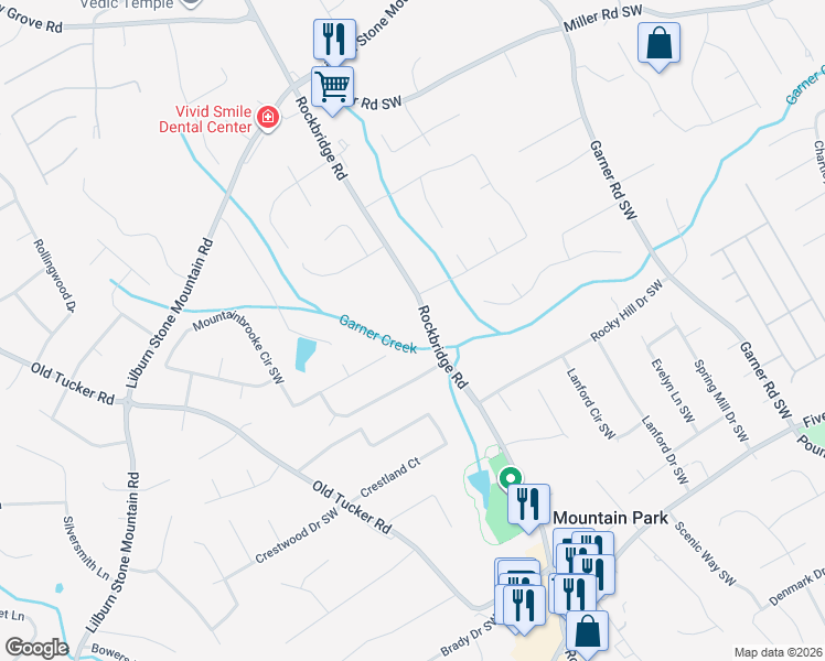 map of restaurants, bars, coffee shops, grocery stores, and more near 1001 Rockbridge Road Southwest in Stone Mountain