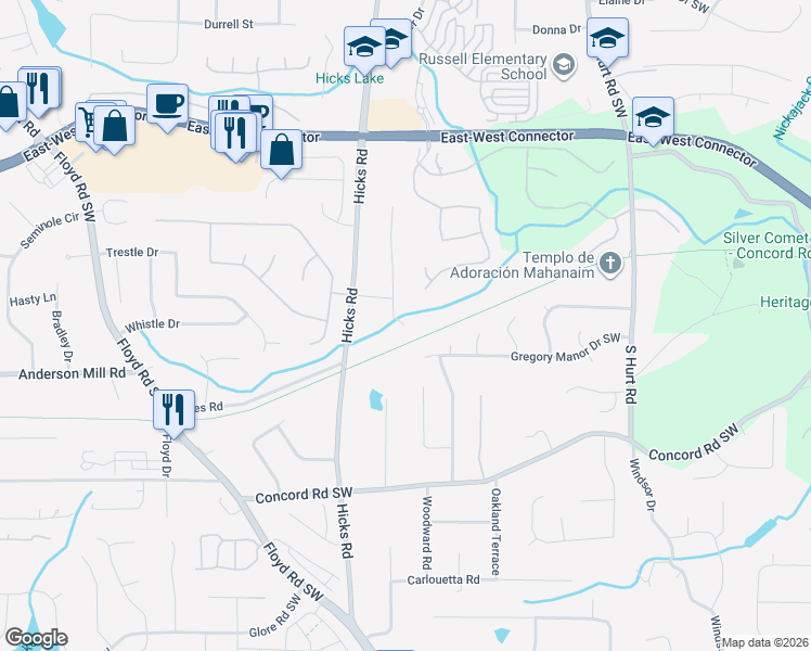 map of restaurants, bars, coffee shops, grocery stores, and more near 4213 Alaina Circle in Austell