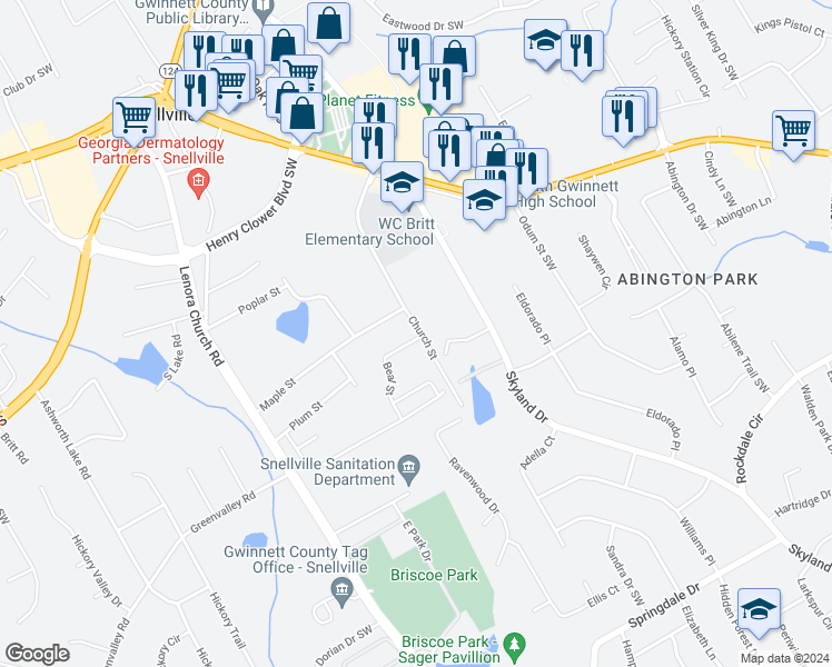 map of restaurants, bars, coffee shops, grocery stores, and more near 2435 Beal Street in Snellville