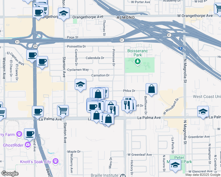 map of restaurants, bars, coffee shops, grocery stores, and more near 7705 Primrose Drive in Buena Park