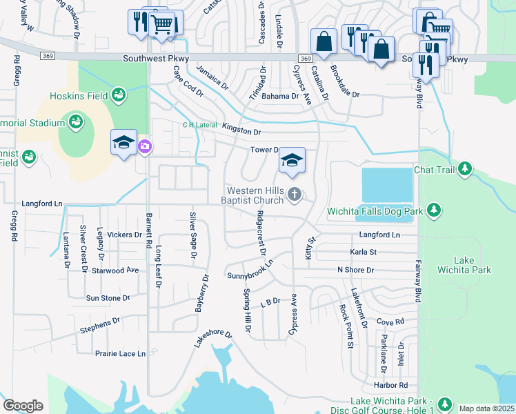 map of restaurants, bars, coffee shops, grocery stores, and more near 5101 Wildflower Lane in Wichita Falls