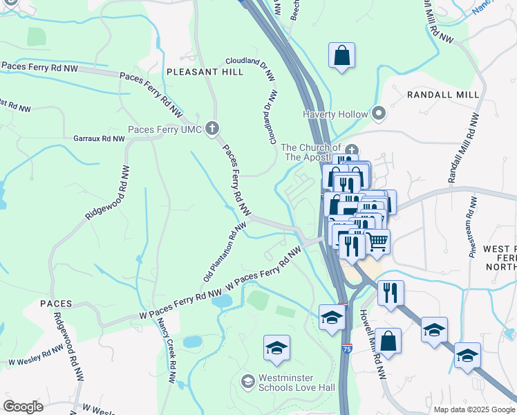 map of restaurants, bars, coffee shops, grocery stores, and more near 3451 Paces Ferry Road Northwest in Atlanta
