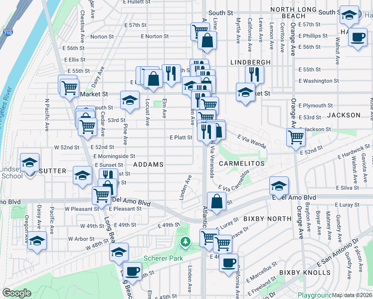map of restaurants, bars, coffee shops, grocery stores, and more near 480 East 52nd Street in Long Beach