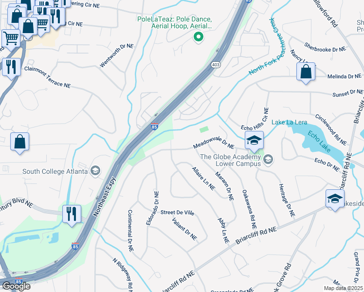 map of restaurants, bars, coffee shops, grocery stores, and more near 2220 Meadowvale Drive Northeast in Atlanta