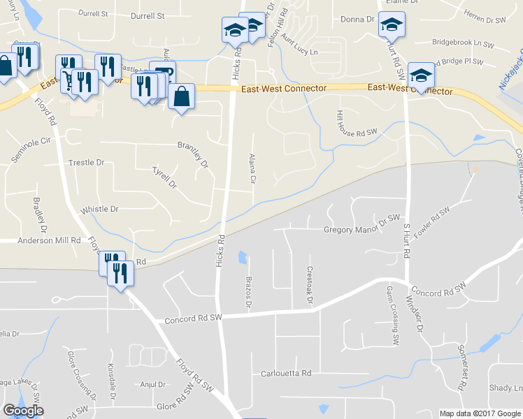 map of restaurants, bars, coffee shops, grocery stores, and more near 4213 Alaina Circle in Austell