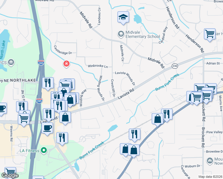 map of restaurants, bars, coffee shops, grocery stores, and more near 2235 Whitfield Cove in Tucker
