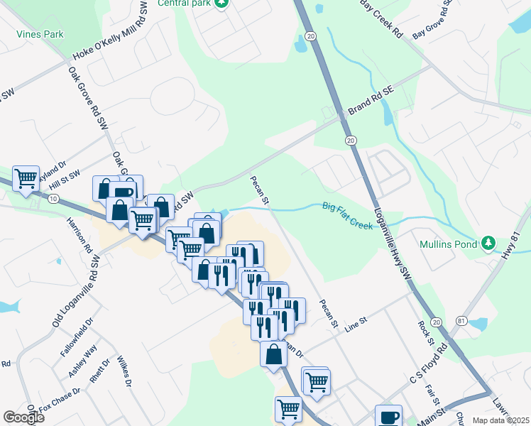 map of restaurants, bars, coffee shops, grocery stores, and more near 3965 Pecan Street in Loganville