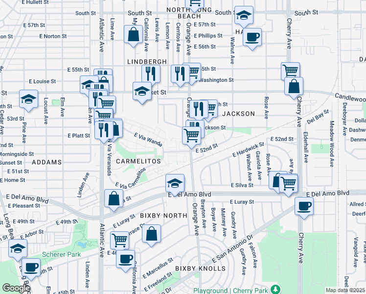map of restaurants, bars, coffee shops, grocery stores, and more near 60 Via Martin in Long Beach