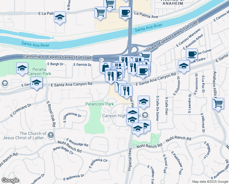 map of restaurants, bars, coffee shops, grocery stores, and more near 5576 East Santa Ana Canyon Road in Anaheim