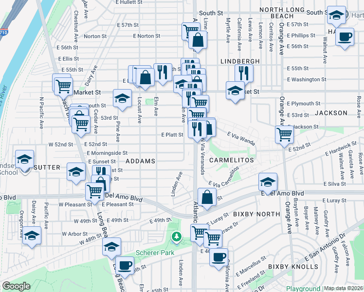 map of restaurants, bars, coffee shops, grocery stores, and more near 480 East 52nd Street in Long Beach