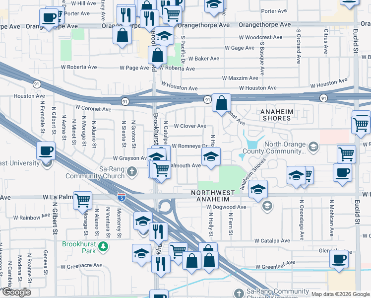map of restaurants, bars, coffee shops, grocery stores, and more near 2134 West Romneya Drive in Anaheim