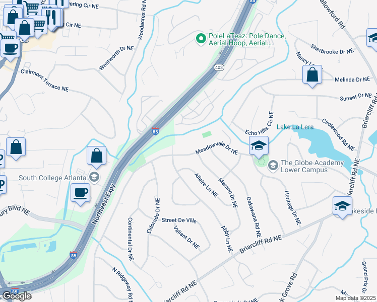 map of restaurants, bars, coffee shops, grocery stores, and more near 2246 Meadowvale Drive Northeast in Atlanta