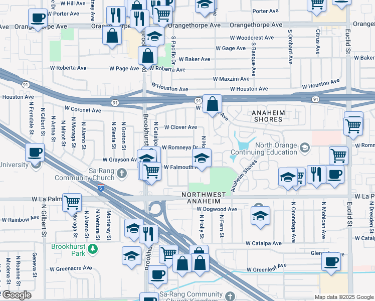 map of restaurants, bars, coffee shops, grocery stores, and more near 2110 West Romneya Drive in Anaheim