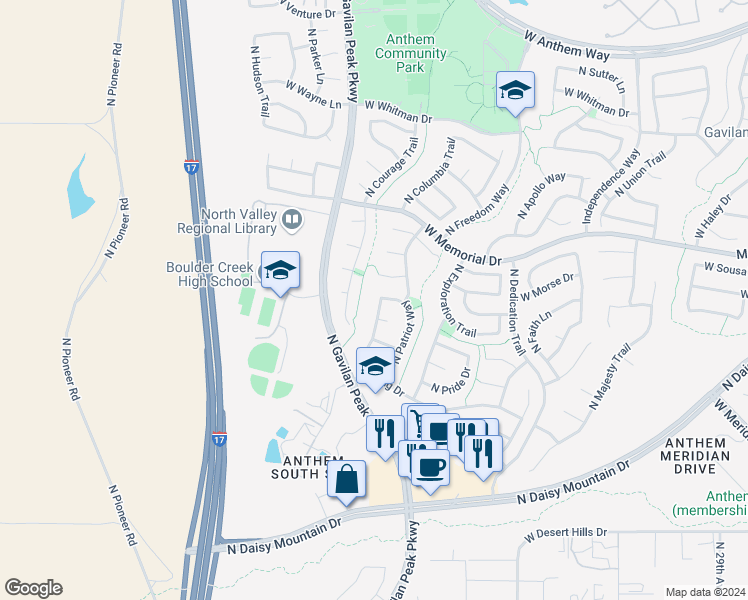 map of restaurants, bars, coffee shops, grocery stores, and more near 40232 North Courage Way in New River