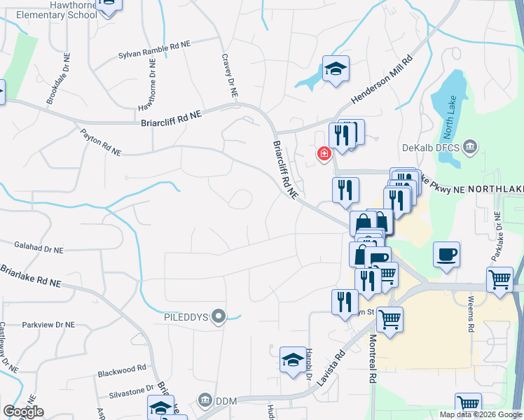 map of restaurants, bars, coffee shops, grocery stores, and more near 2186 Greencrest Drive Northeast in Atlanta