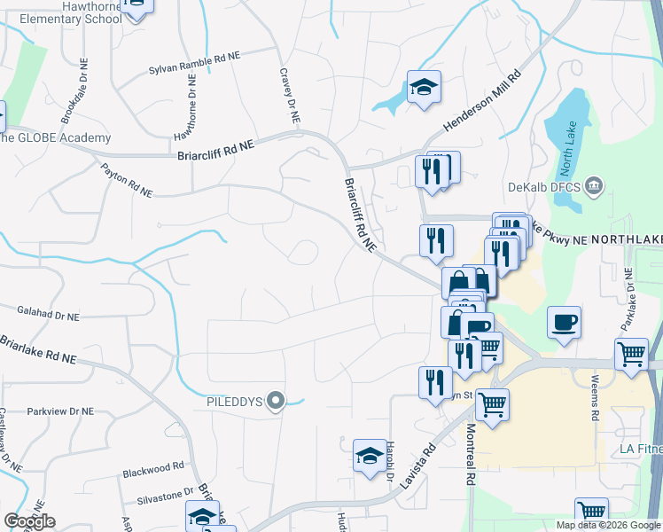 map of restaurants, bars, coffee shops, grocery stores, and more near 2186 Greencrest Drive Northeast in Atlanta