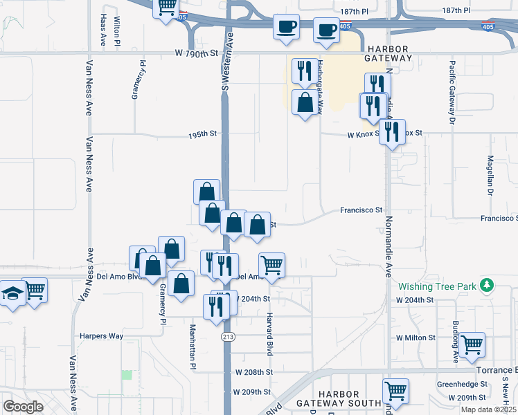 map of restaurants, bars, coffee shops, grocery stores, and more near 20000 South Western Avenue in Torrance
