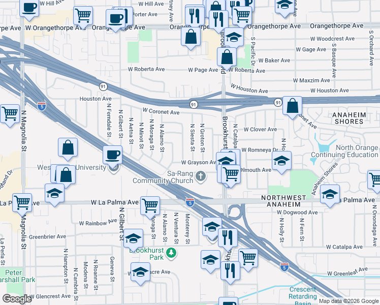 map of restaurants, bars, coffee shops, grocery stores, and more near 1240 North Siesta Street in Anaheim