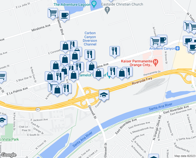 map of restaurants, bars, coffee shops, grocery stores, and more near 1041 North Shepard Street in Anaheim