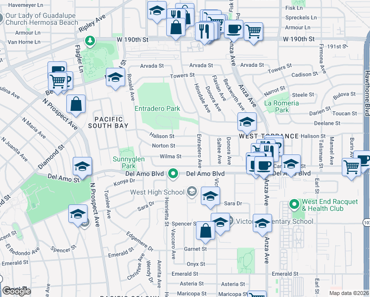map of restaurants, bars, coffee shops, grocery stores, and more near 5326 Norton Street in Torrance