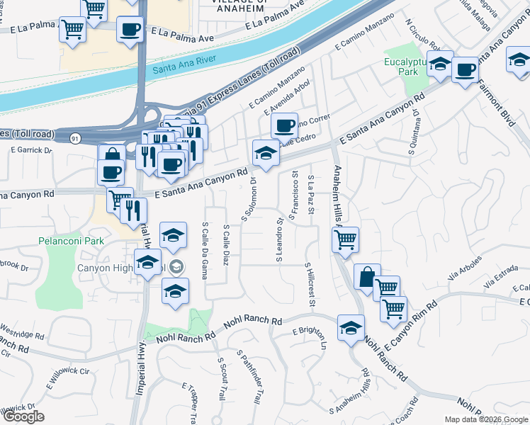 map of restaurants, bars, coffee shops, grocery stores, and more near 5917 East Arno Crescent Street in Anaheim