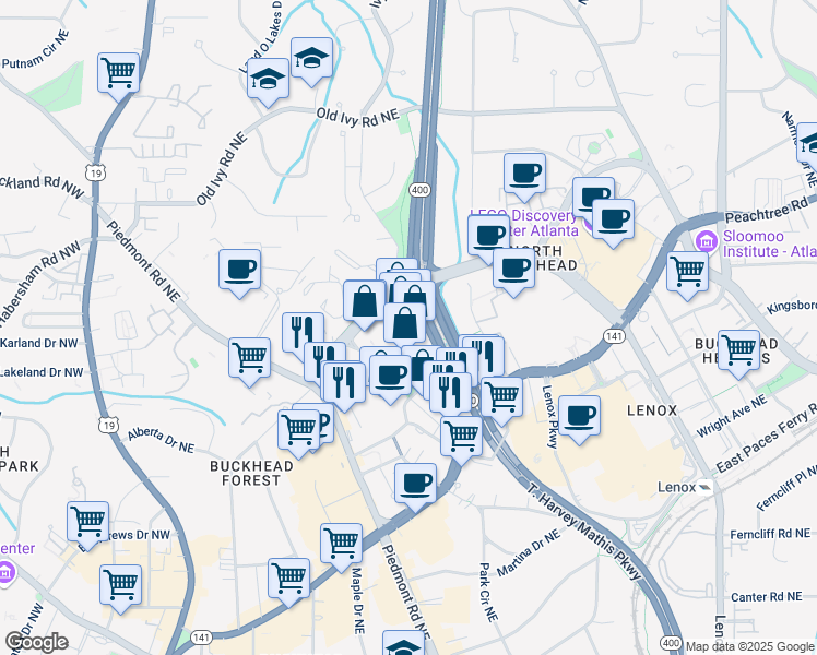 map of restaurants, bars, coffee shops, grocery stores, and more near 1 Buckhead Loop Northeast in Atlanta