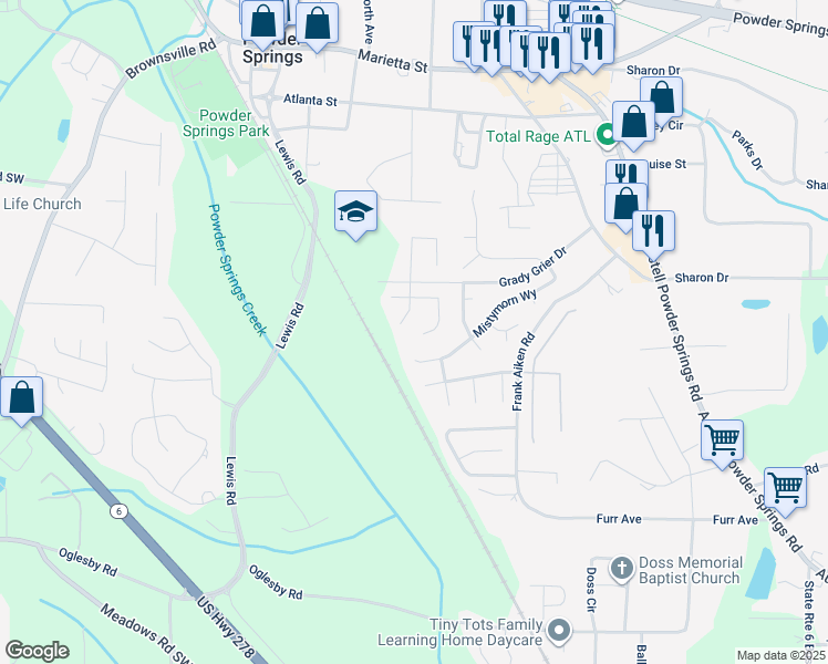 map of restaurants, bars, coffee shops, grocery stores, and more near 4221 Morningside Way in Powder Springs