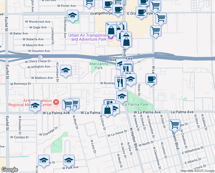 map of restaurants, bars, coffee shops, grocery stores, and more near 624 West Romneya Drive in Anaheim
