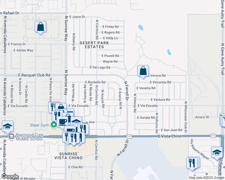 map of restaurants, bars, coffee shops, grocery stores, and more near 2303 East Victoria Road in Palm Springs