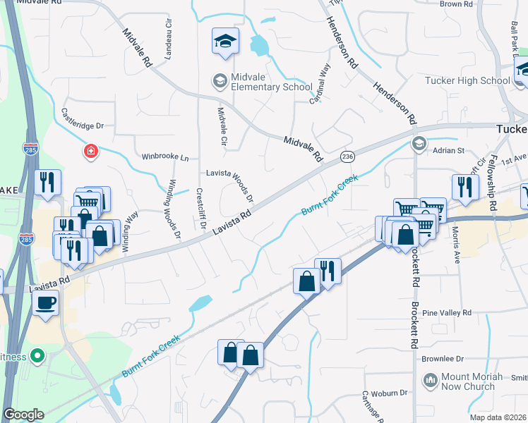 map of restaurants, bars, coffee shops, grocery stores, and more near 4575 Lavista Road in Tucker