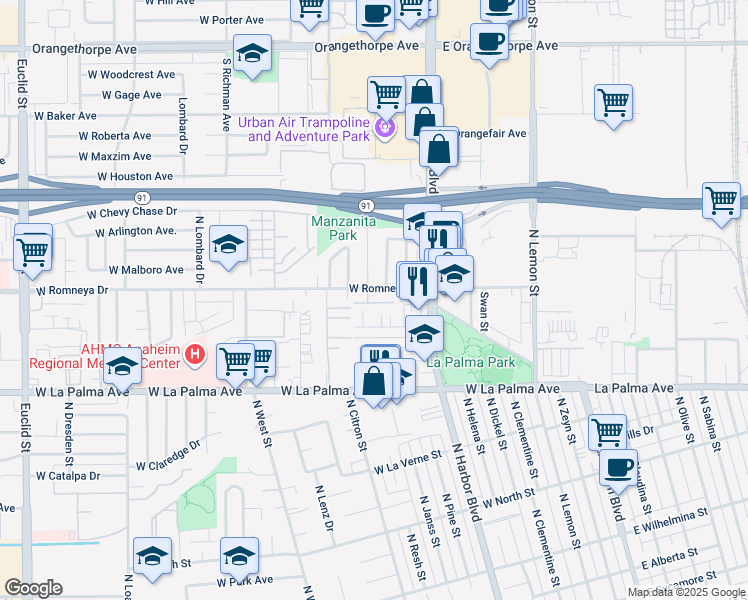 map of restaurants, bars, coffee shops, grocery stores, and more near 636 West Romneya Via in Anaheim