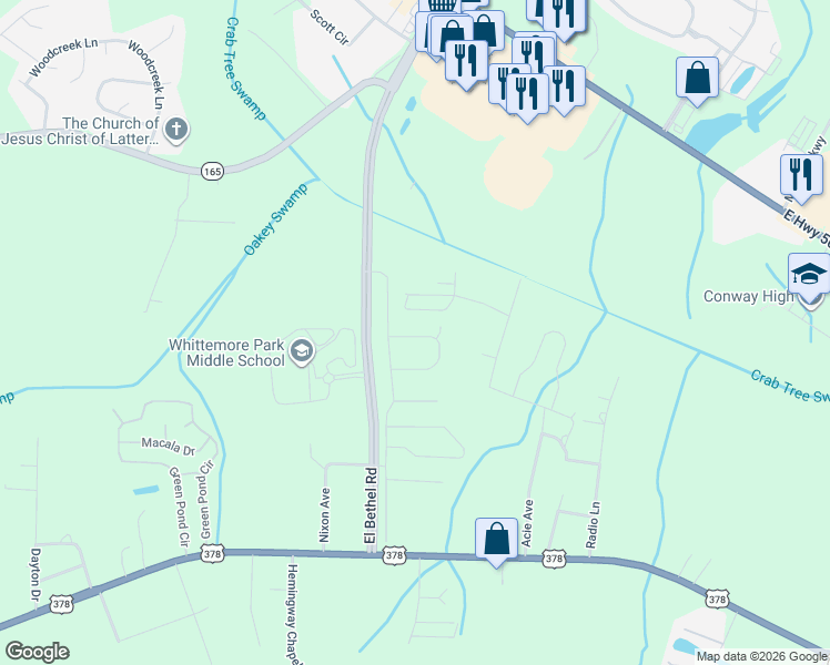 map of restaurants, bars, coffee shops, grocery stores, and more near 525 West Road in Conway