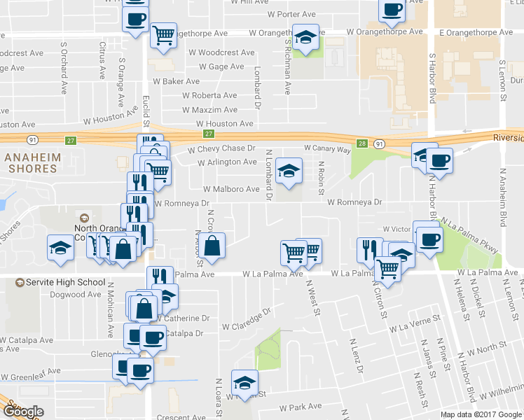 map of restaurants, bars, coffee shops, grocery stores, and more near 1191 North Lombard Drive in Anaheim