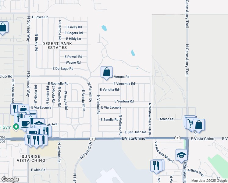 map of restaurants, bars, coffee shops, grocery stores, and more near 2895 East Venetia Road in Palm Springs