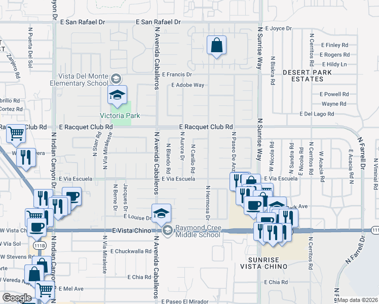 map of restaurants, bars, coffee shops, grocery stores, and more near 2348 North Carillo Road in Palm Springs