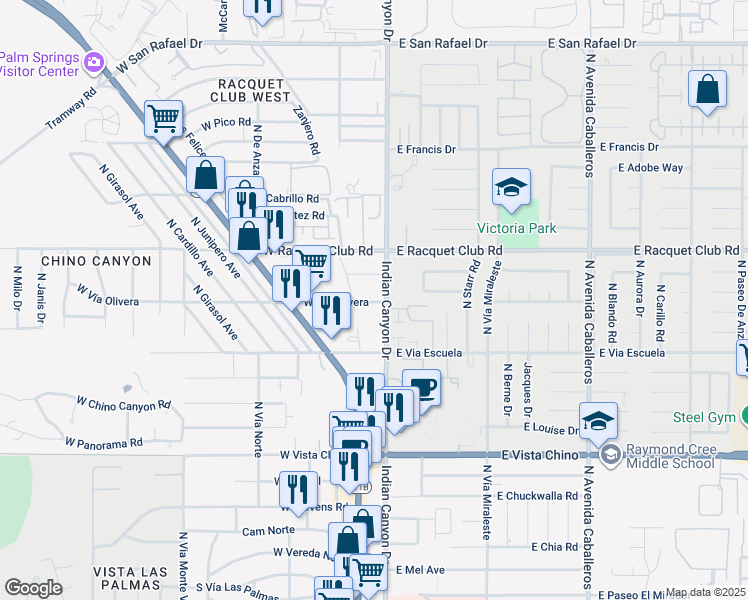 map of restaurants, bars, coffee shops, grocery stores, and more near 199 West Vía Olivera in Palm Springs