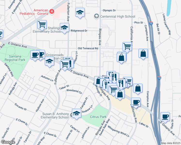 map of restaurants, bars, coffee shops, grocery stores, and more near 2225 Loch Ness Circle in Corona