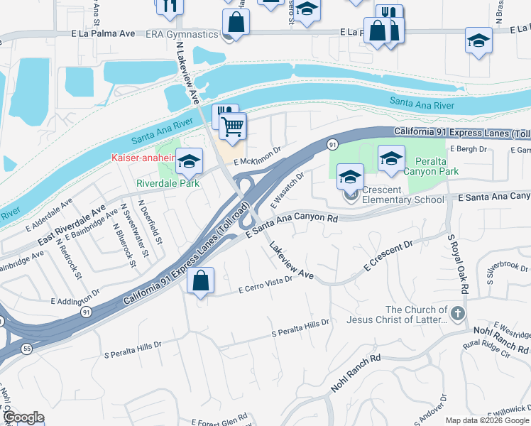map of restaurants, bars, coffee shops, grocery stores, and more near in Anaheim