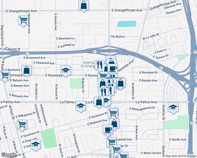 map of restaurants, bars, coffee shops, grocery stores, and more near 1836 East Romneya Drive in Anaheim