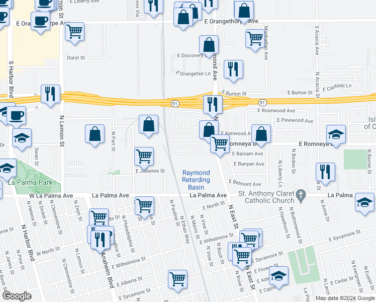 map of restaurants, bars, coffee shops, grocery stores, and more near 904 East Balsam Avenue in Anaheim