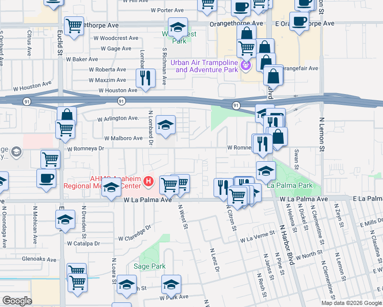 map of restaurants, bars, coffee shops, grocery stores, and more near 1024 West Romneya Drive in Anaheim