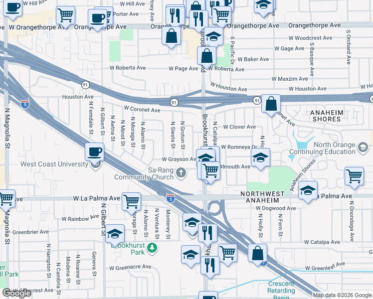 map of restaurants, bars, coffee shops, grocery stores, and more near 1240 North Fulton Street in Anaheim