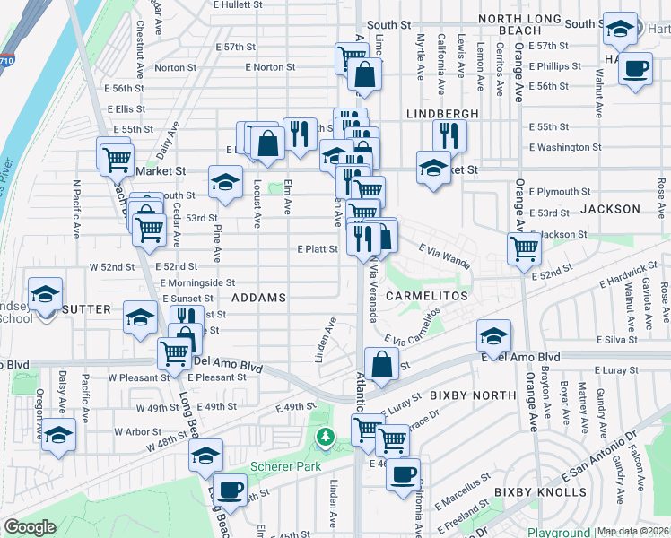 map of restaurants, bars, coffee shops, grocery stores, and more near 480 East 52nd Street in Long Beach