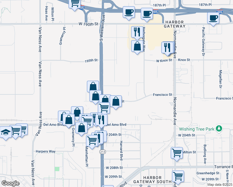 map of restaurants, bars, coffee shops, grocery stores, and more near 20000 South Western Avenue in Torrance