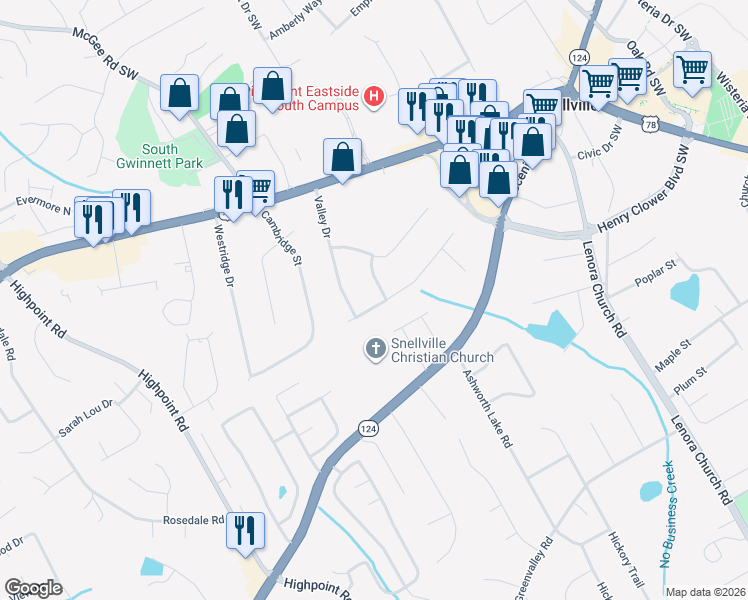 map of restaurants, bars, coffee shops, grocery stores, and more near 2369 Valley Way in Snellville