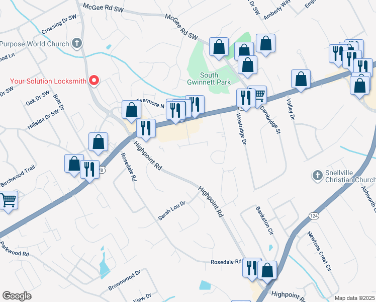 map of restaurants, bars, coffee shops, grocery stores, and more near 3082 Destin Circle in Snellville